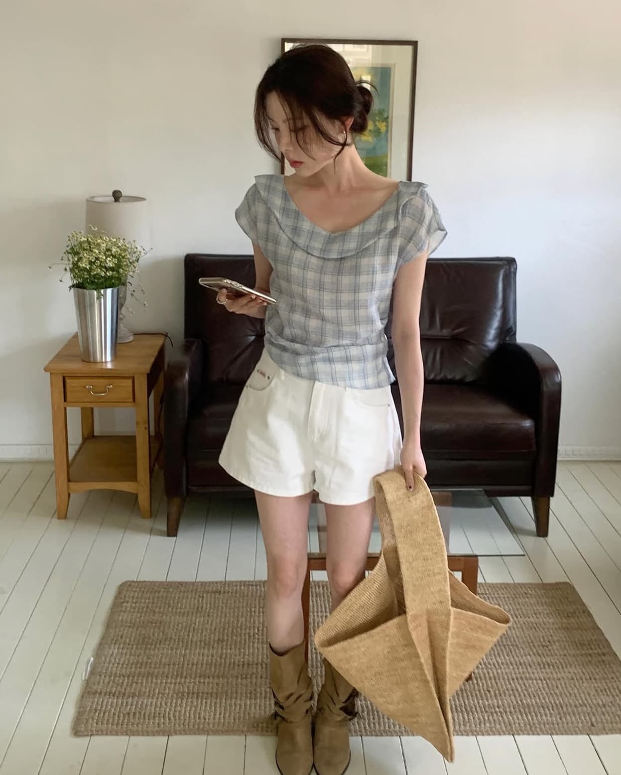 있음 선적 사이즈 업데이트 한국 chic 여름 새로운 레트로 달콤함 체크무늬 얇은 스타일 프릴 반팔 셔츠 상세 이미지 7