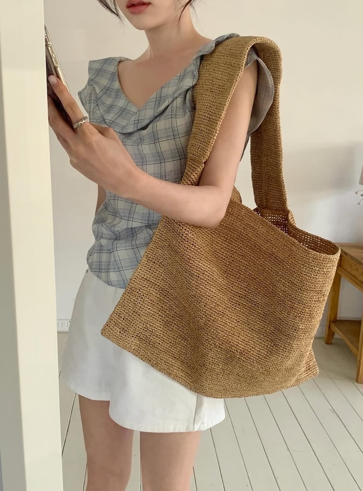 있음 선적 사이즈 업데이트 한국 chic 여름 새로운 레트로 달콤함 체크무늬 얇은 스타일 프릴 반팔 셔츠 상세 이미지 8