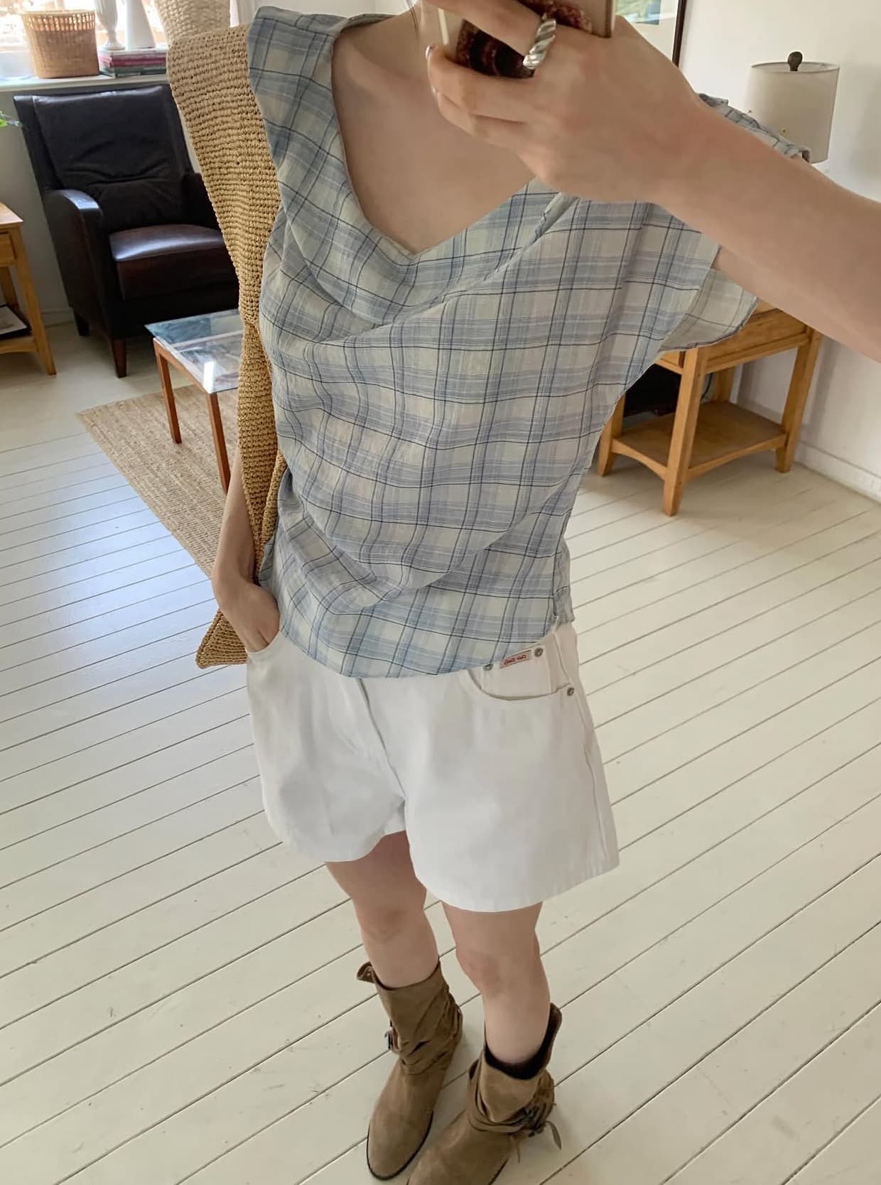 있음 선적 사이즈 업데이트 한국 chic 여름 새로운 레트로 달콤함 체크무늬 얇은 스타일 프릴 반팔 셔츠 상세 이미지 9