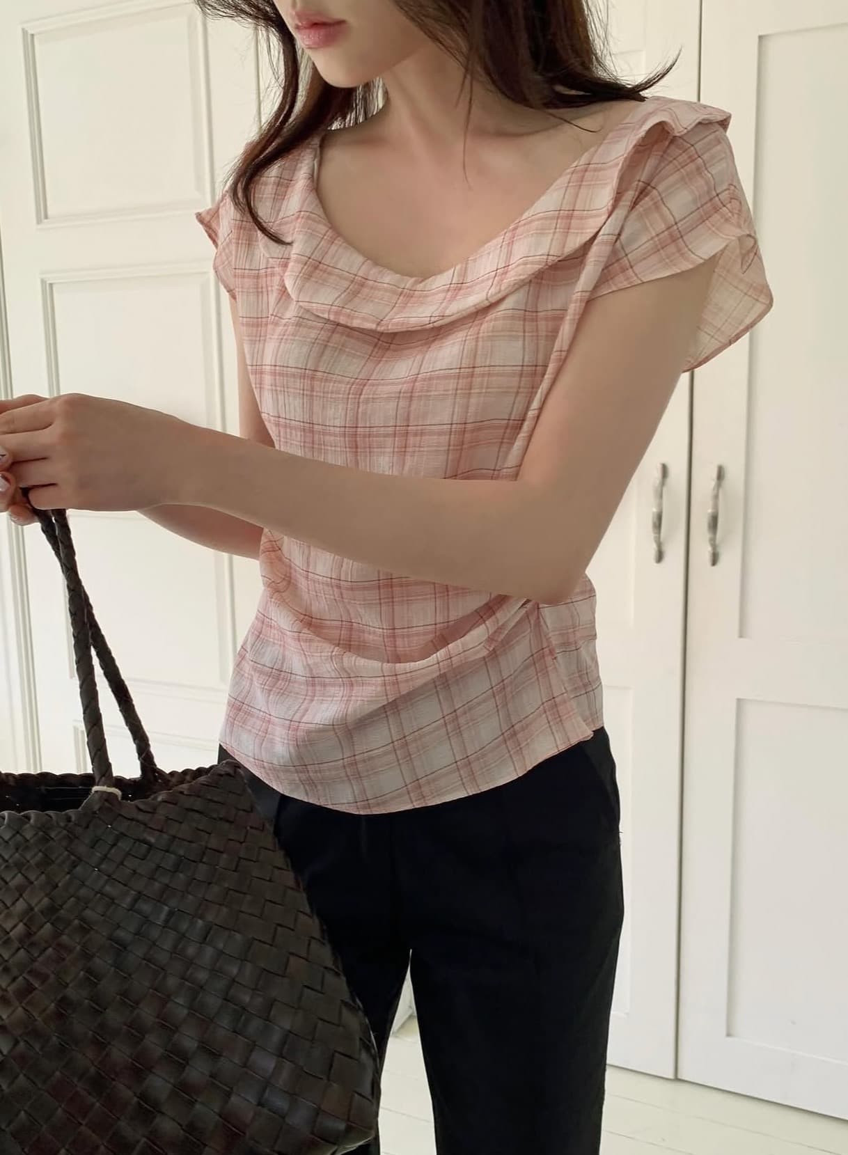 있음 선적 사이즈 업데이트 한국 chic 여름 새로운 레트로 달콤함 체크무늬 얇은 스타일 프릴 반팔 셔츠 상세 이미지 12
