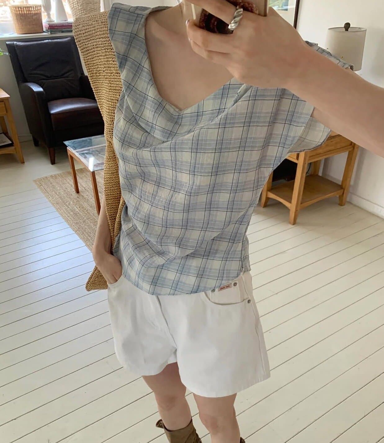 있음 선적 사이즈 업데이트 한국 chic 여름 새로운 레트로 달콤함 체크무늬 얇은 스타일 프릴 반팔 셔츠 이미지 4