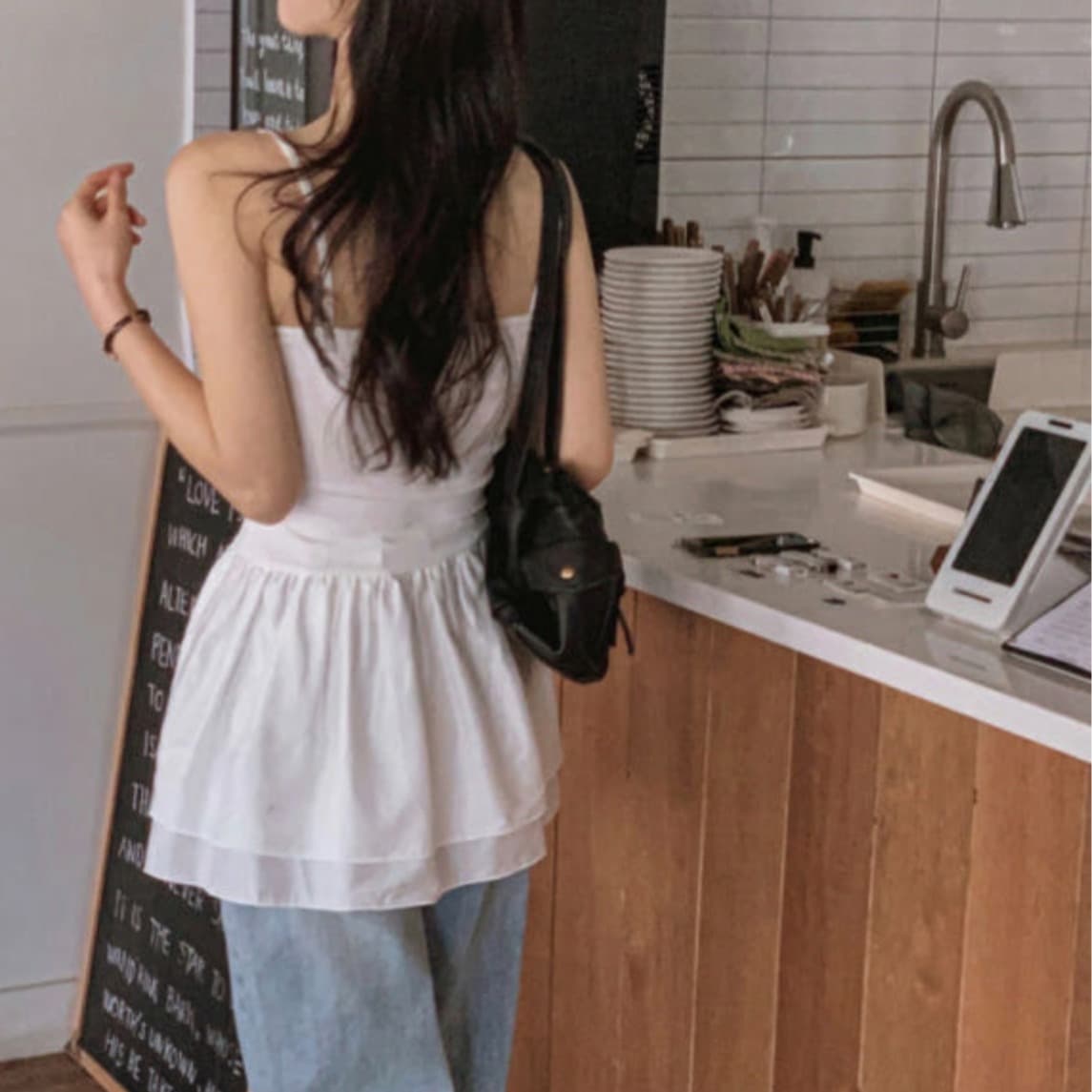 있음 선적 사이즈 업데이트 한국 chic 여름 새로운 레트로 미니멀리즘 인사이드 가져 가라. 프릴 슬립 드레스 이미지 5