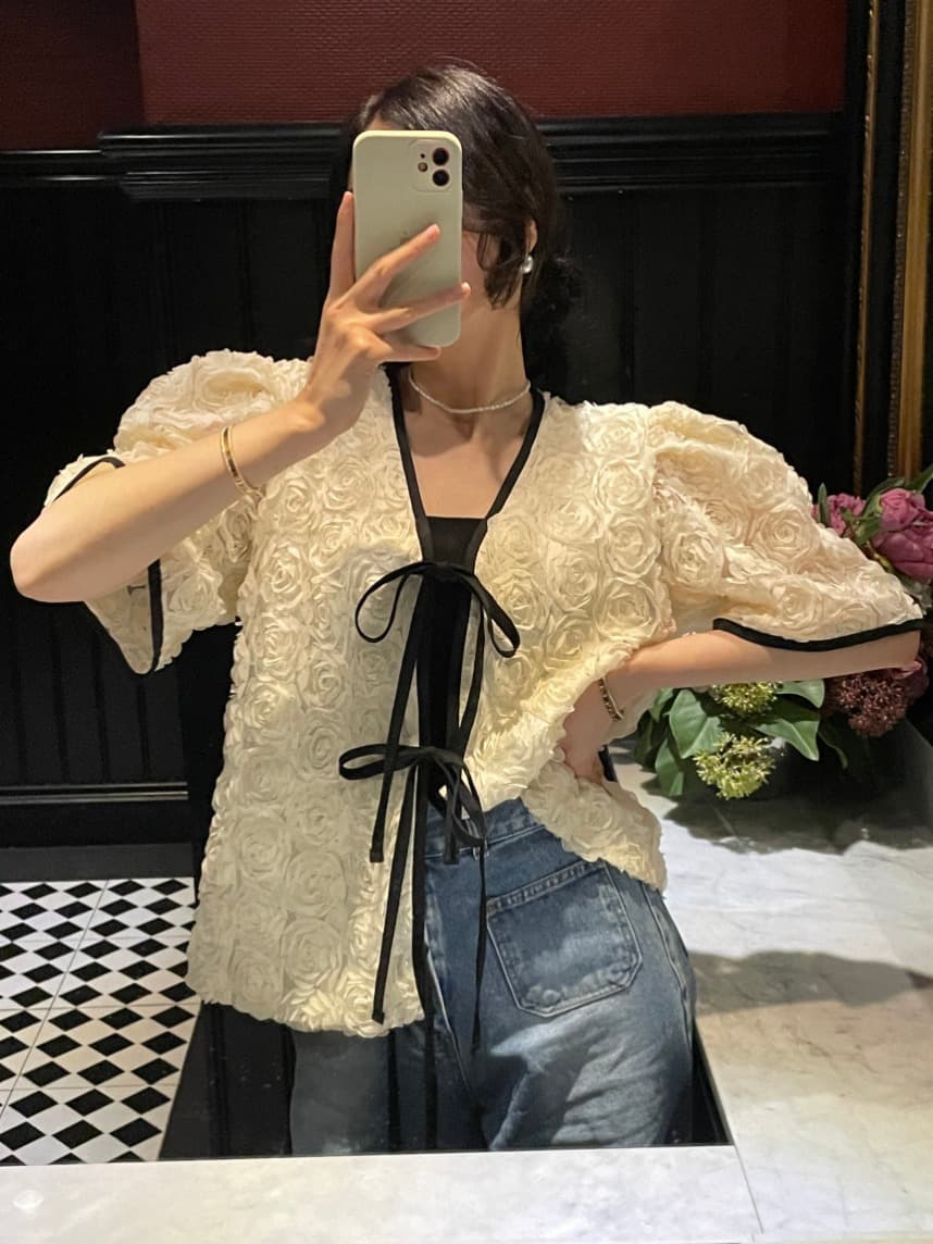 있음 선적 사이즈 업데이트 chic 프랑스식 장미 레이스업 거품 소매 여성 코트 루즈핏 품격 오픈 가디건 이미지 4