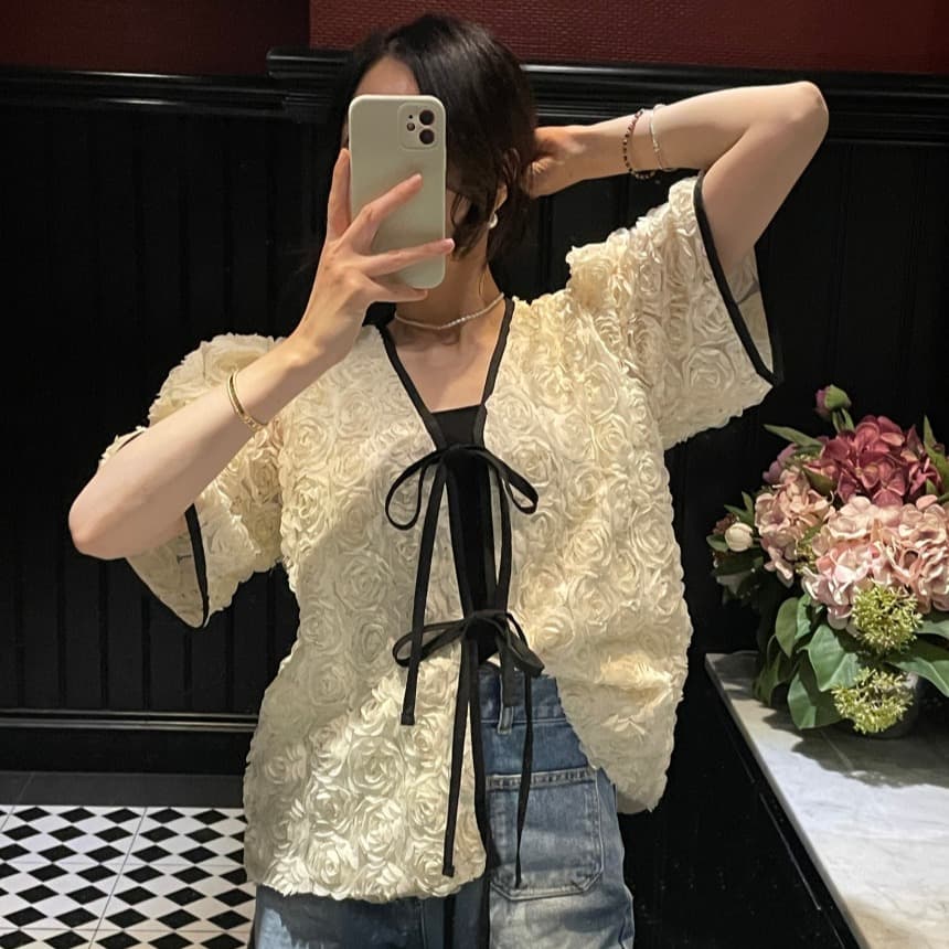 있음 선적 사이즈 업데이트 chic 프랑스식 장미 레이스업 거품 소매 여성 코트 루즈핏 품격 오픈 가디건