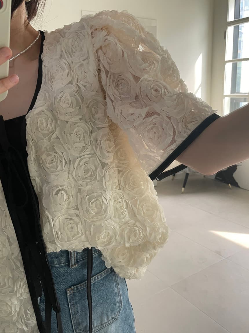 있음 선적 사이즈 업데이트 chic 프랑스식 장미 레이스업 거품 소매 여성 코트 루즈핏 품격 오픈 가디건 상세 이미지 5