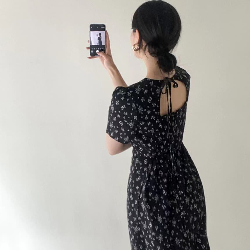 있음 선적 사이즈 업데이트 chic 작은 심장 기계 레이스업 홀로우 아웃 백리스 여성 드레스 허리 수축 쉬폰 꽃무늬 치마 이미지 2