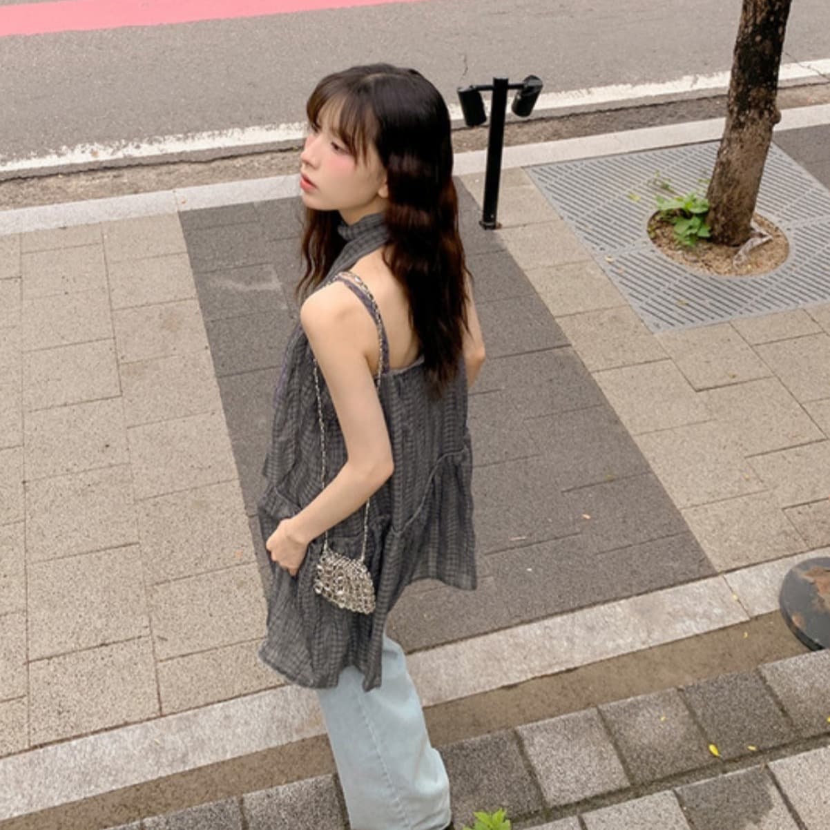 한국 chic 여름 새로운 ins 행침 목 리본 레트로 느슨함 센스 레이스 측면 체크무늬 슬립 드레스 셔츠 이미지 5