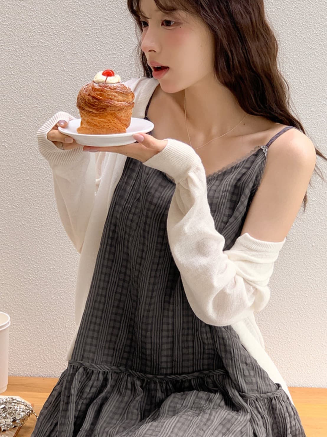 한국 chic 여름 새로운 ins 행침 목 리본 레트로 느슨함 센스 레이스 측면 체크무늬 슬립 드레스 셔츠 상세 이미지 3