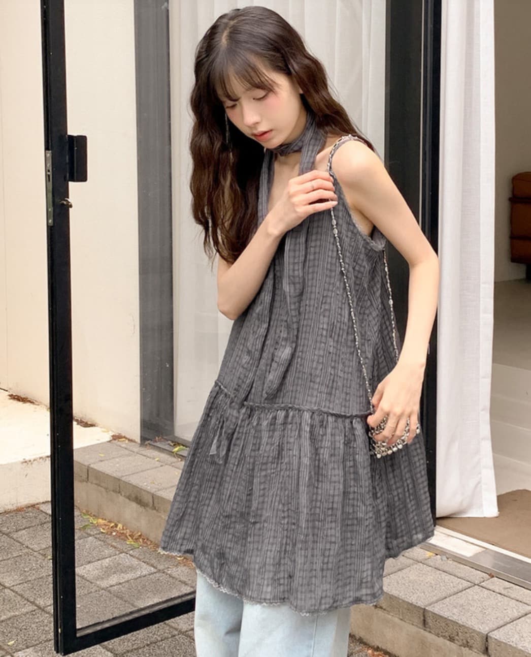 한국 chic 여름 새로운 ins 행침 목 리본 레트로 느슨함 센스 레이스 측면 체크무늬 슬립 드레스 셔츠 상세 이미지 13