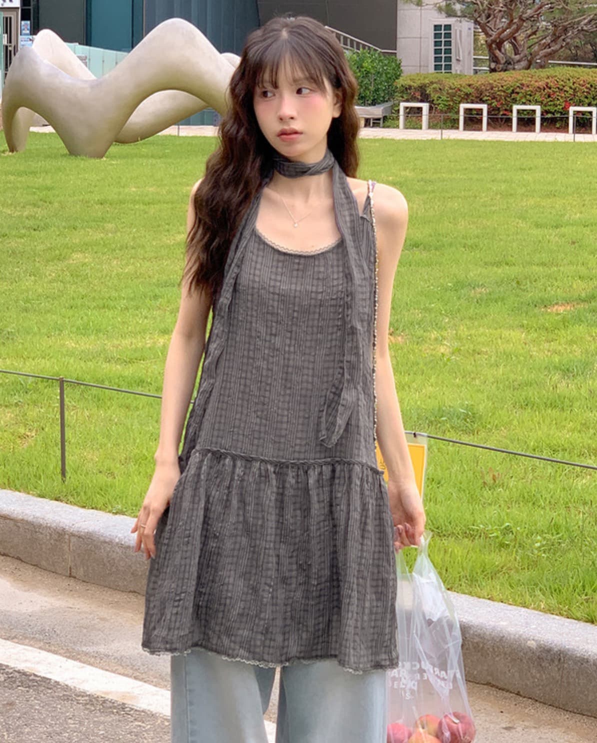 한국 chic 여름 새로운 ins 행침 목 리본 레트로 느슨함 센스 레이스 측면 체크무늬 슬립 드레스 셔츠 상세 이미지 15