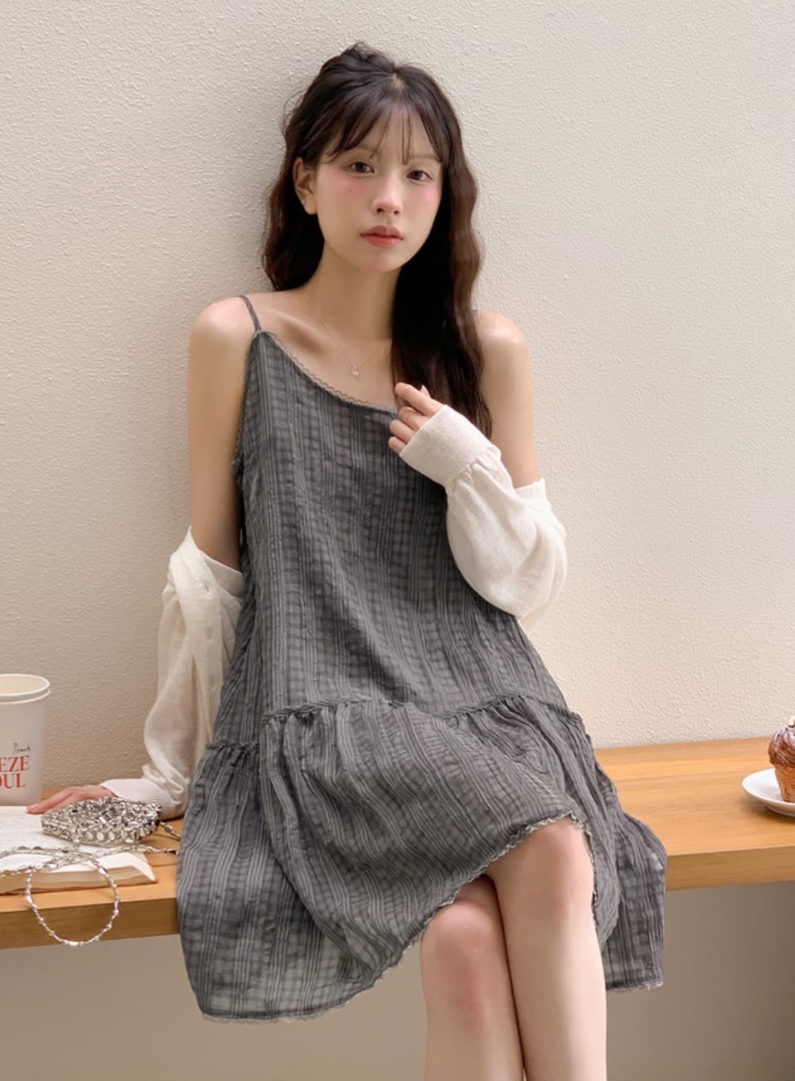 한국 chic 여름 새로운 ins 행침 목 리본 레트로 느슨함 센스 레이스 측면 체크무늬 슬립 드레스 셔츠 상세 이미지 26