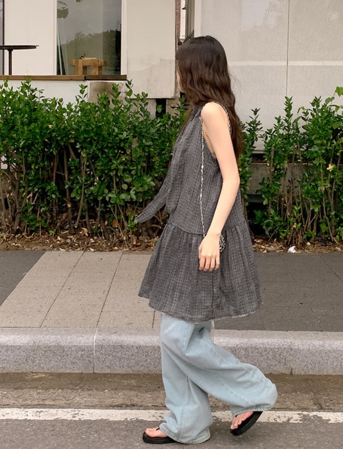 한국 chic 여름 새로운 ins 행침 목 리본 레트로 느슨함 센스 레이스 측면 체크무늬 슬립 드레스 셔츠 상세 이미지 33