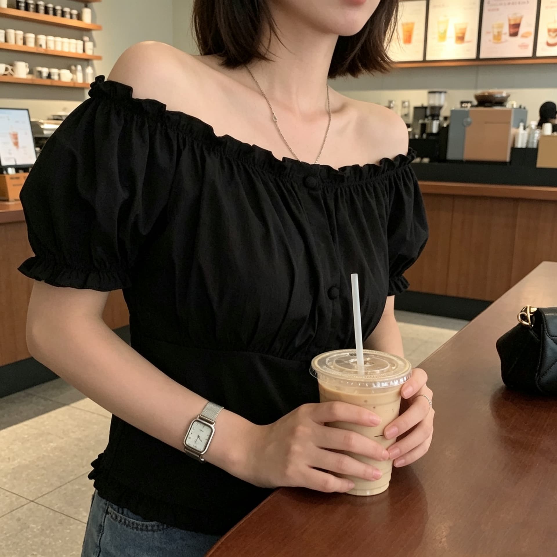 있음 선적 사이즈 업데이트 한국 chic 여름 새로운 오프숄더 보트넥 달콤함 프릴 반팔 셔츠 이미지 2