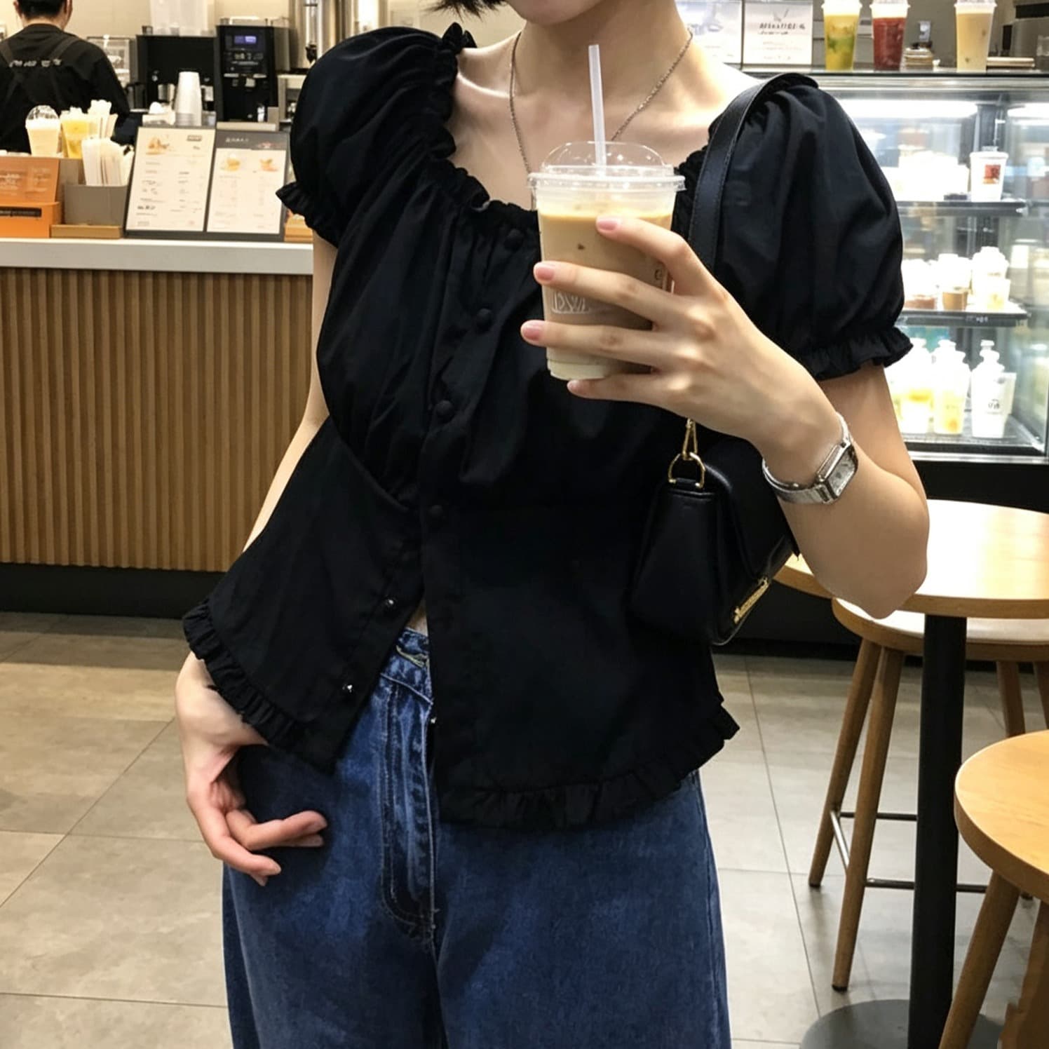 있음 선적 사이즈 업데이트 한국 chic 여름 새로운 오프숄더 보트넥 달콤함 프릴 반팔 셔츠 이미지 5