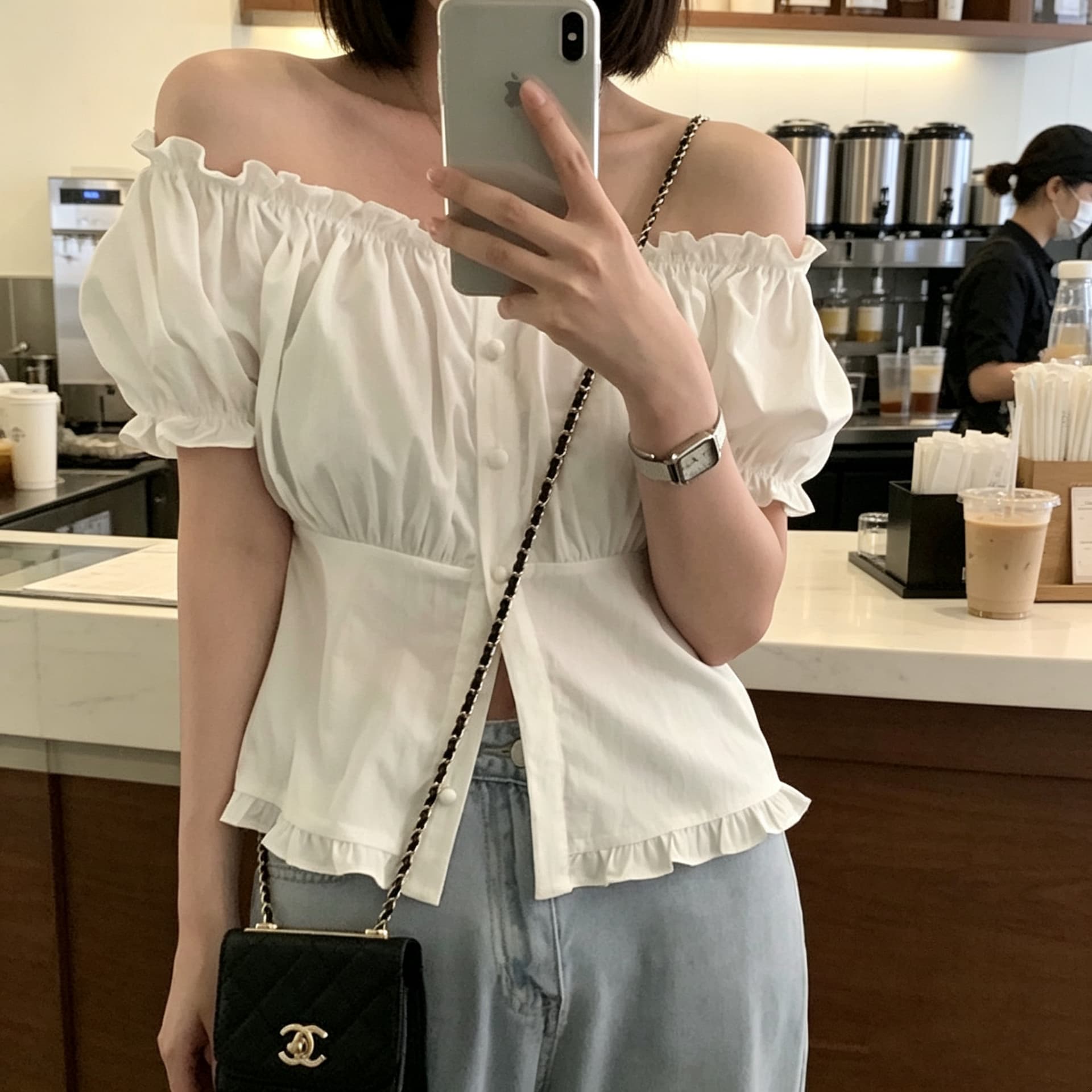 있음 선적 사이즈 업데이트 한국 chic 여름 새로운 오프숄더 보트넥 달콤함 프릴 반팔 셔츠 상세 이미지 1
