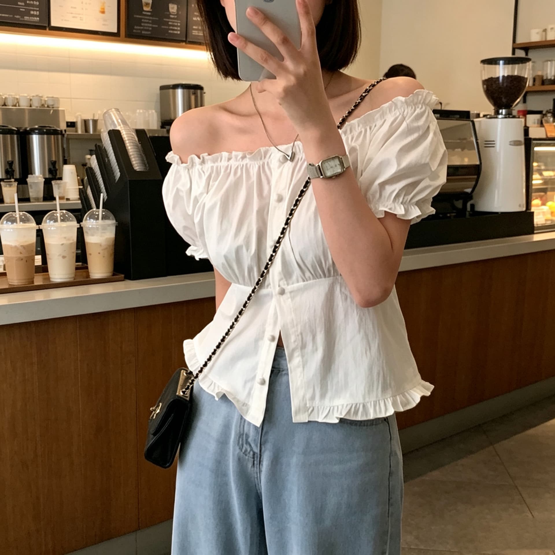 있음 선적 사이즈 업데이트 한국 chic 여름 새로운 오프숄더 보트넥 달콤함 프릴 반팔 셔츠 상세 이미지 6