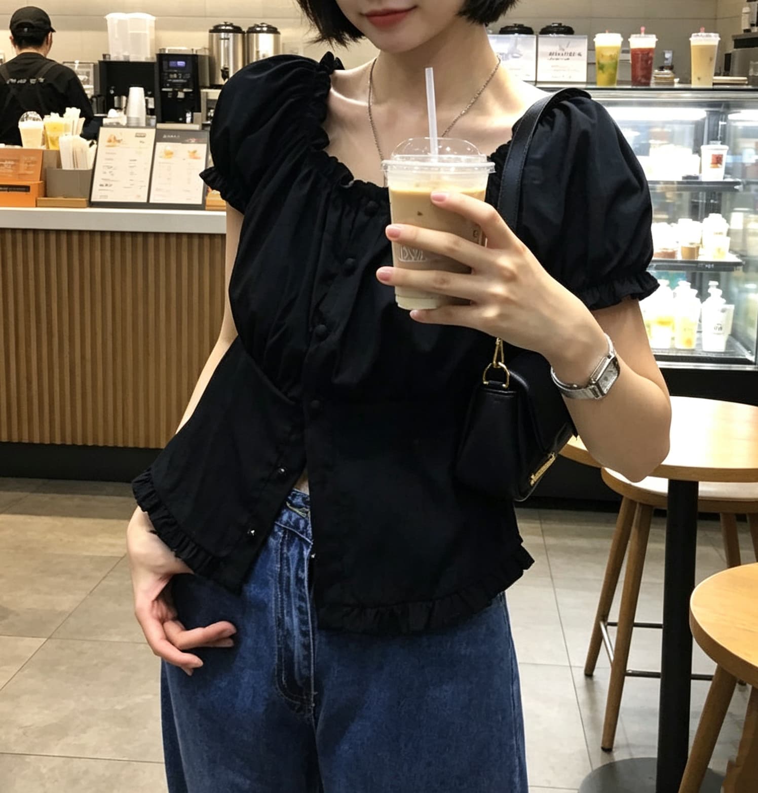 있음 선적 사이즈 업데이트 한국 chic 여름 새로운 오프숄더 보트넥 달콤함 프릴 반팔 셔츠 상세 이미지 10