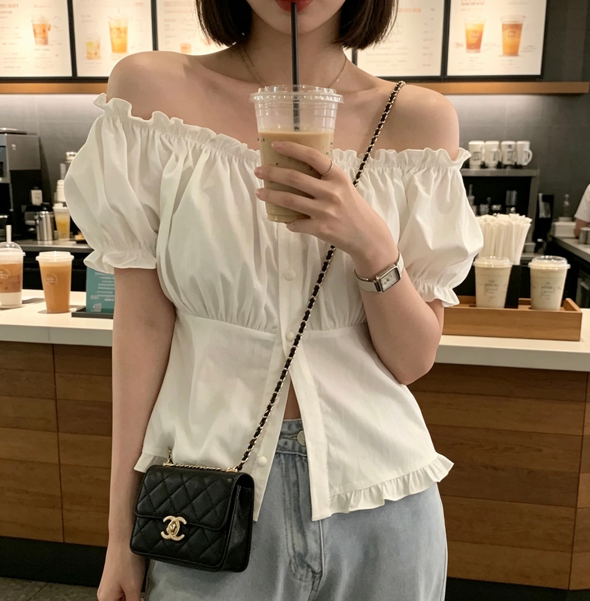 있음 선적 사이즈 업데이트 한국 chic 여름 새로운 오프숄더 보트넥 달콤함 프릴 반팔 셔츠 상세 이미지 17