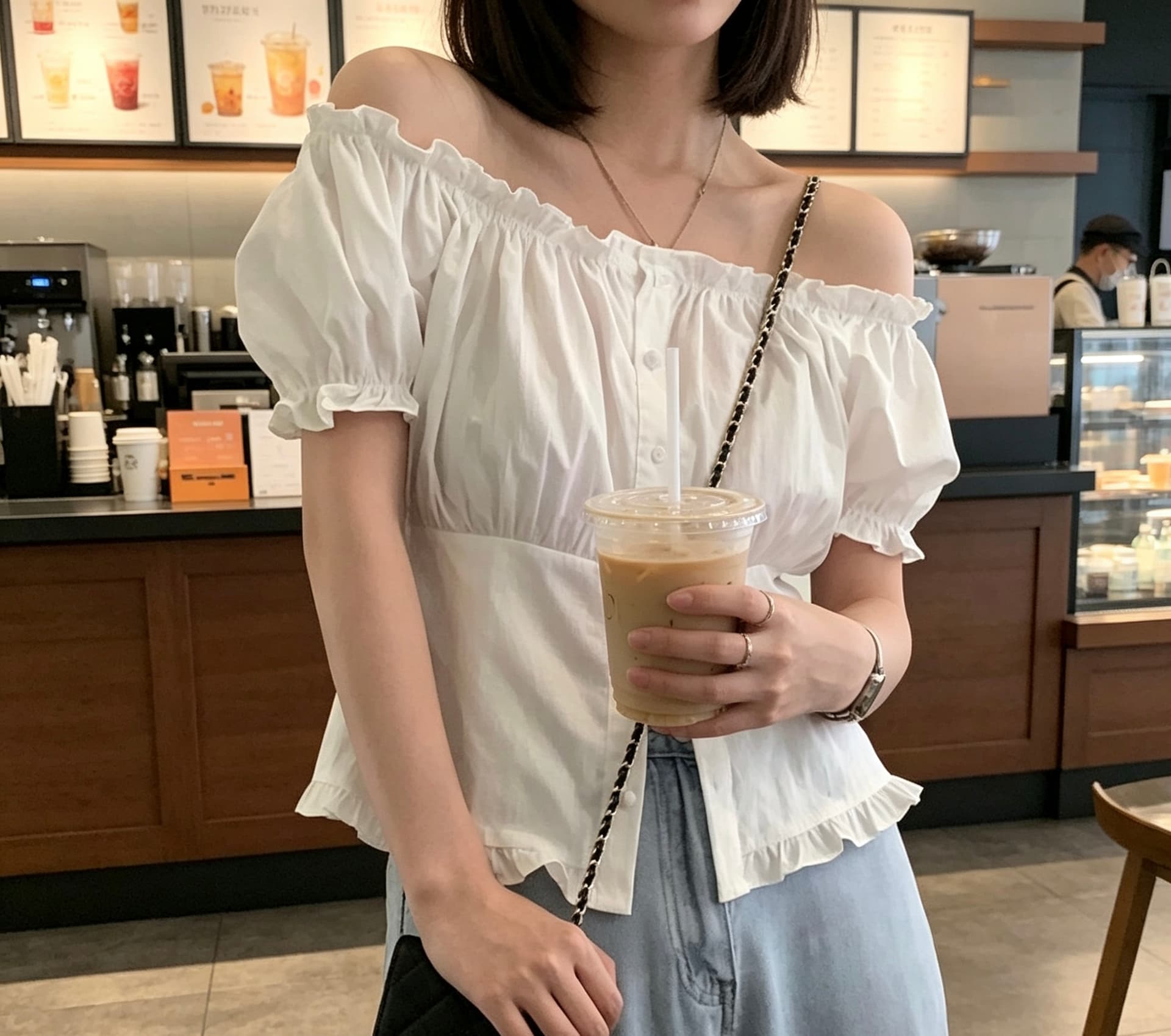 있음 선적 사이즈 업데이트 한국 chic 여름 새로운 오프숄더 보트넥 달콤함 프릴 반팔 셔츠 상세 이미지 18