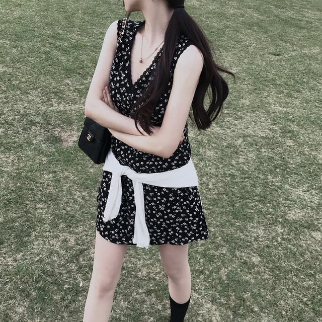 있음 선적 사이즈 업데이트 한국 chic 여름 새로운 ins 달콤함 레이스 조각 V넥 프린트 짧은 드레스 상세 이미지 1