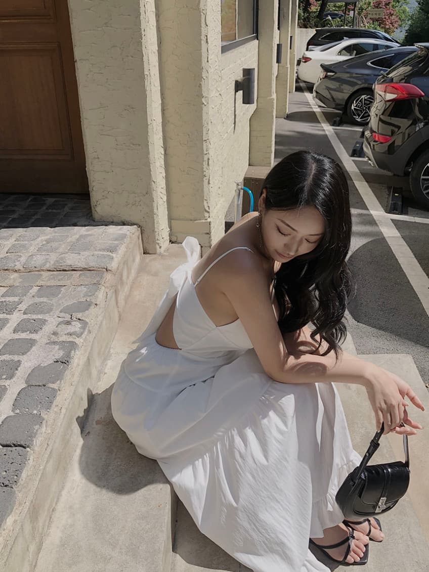 한국 chic 여름 새로운 ins 휴가 바람 디자인 센스 백리스 나비 매듭 길다 드레스 상세 이미지 11