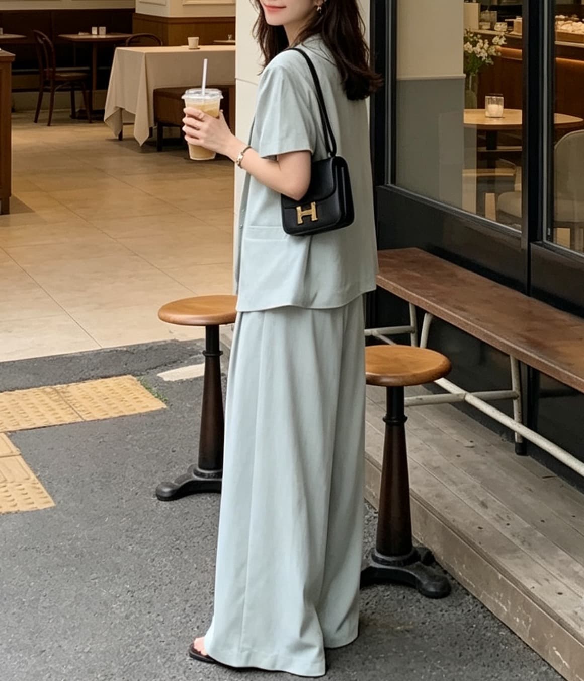 있음 선적 사이즈 업데이트 한국 chic 여름 새로운 반팔 재킷 맨위 넓은 다리 슬림해 보이는 긴 바지 세트 상세 이미지 8