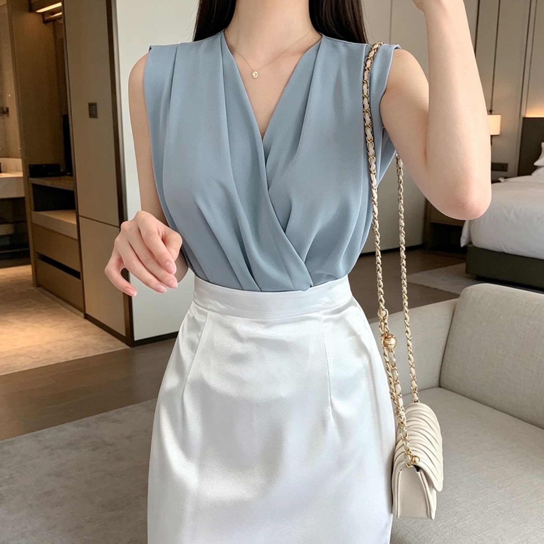 있음 선적 사이즈 업데이트 chic 여름 새로운 프랑스식 V넥 민소매 여성 셔츠 슬림해 보이는 품격 다용도 맨위