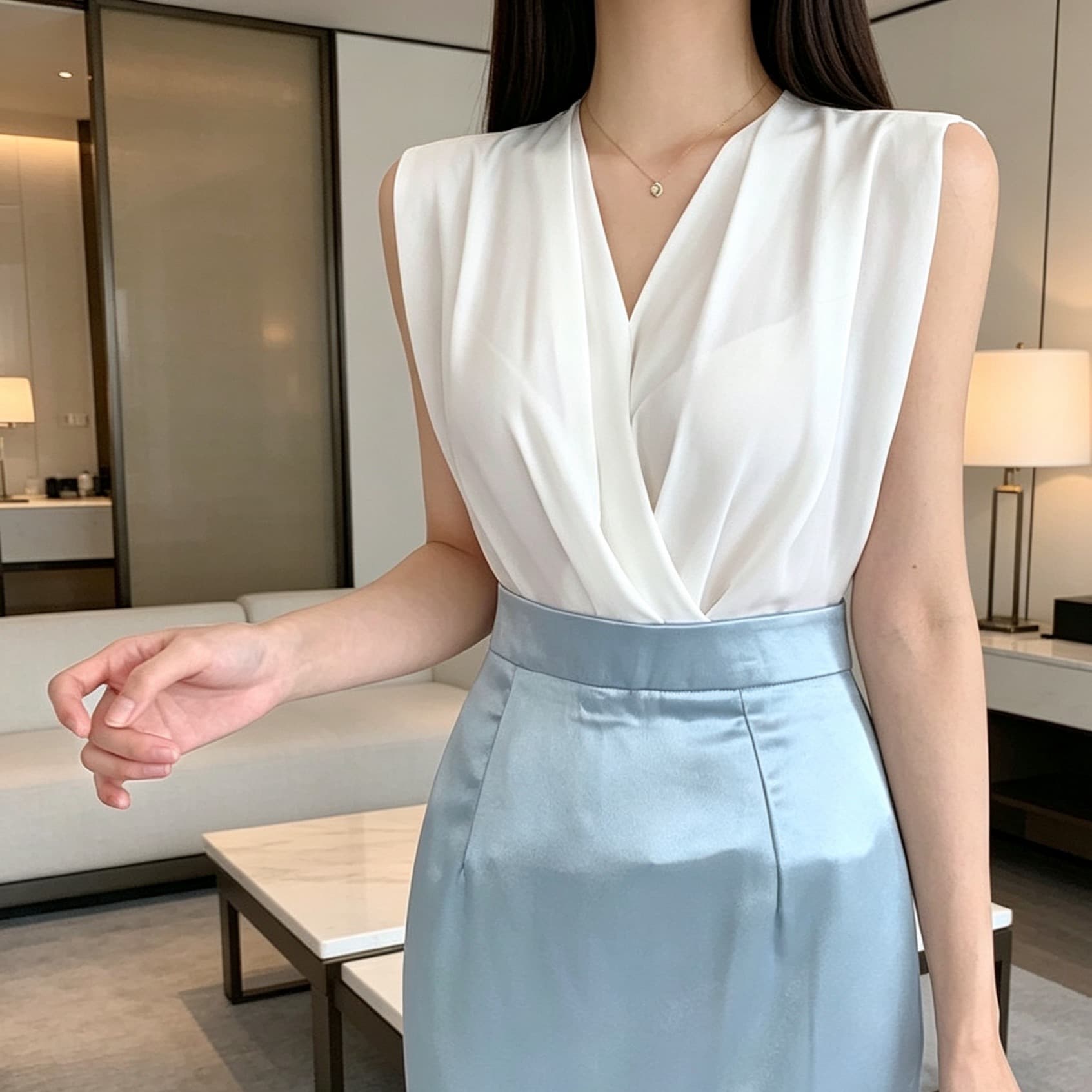 있음 선적 사이즈 업데이트 chic 여름 새로운 프랑스식 V넥 민소매 여성 셔츠 슬림해 보이는 품격 다용도 맨위 이미지 5