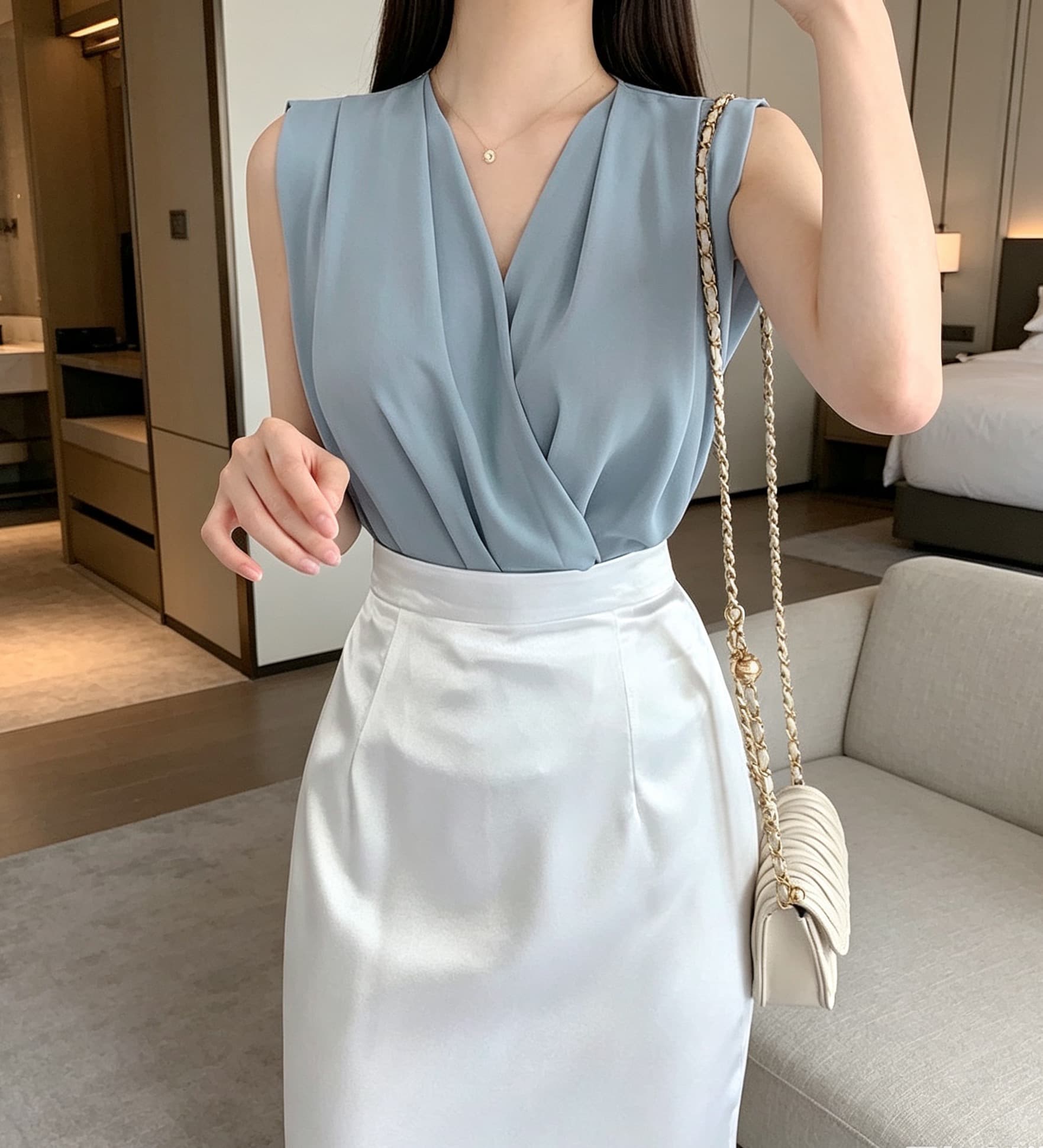 있음 선적 사이즈 업데이트 chic 여름 새로운 프랑스식 V넥 민소매 여성 셔츠 슬림해 보이는 품격 다용도 맨위 상세 이미지 2