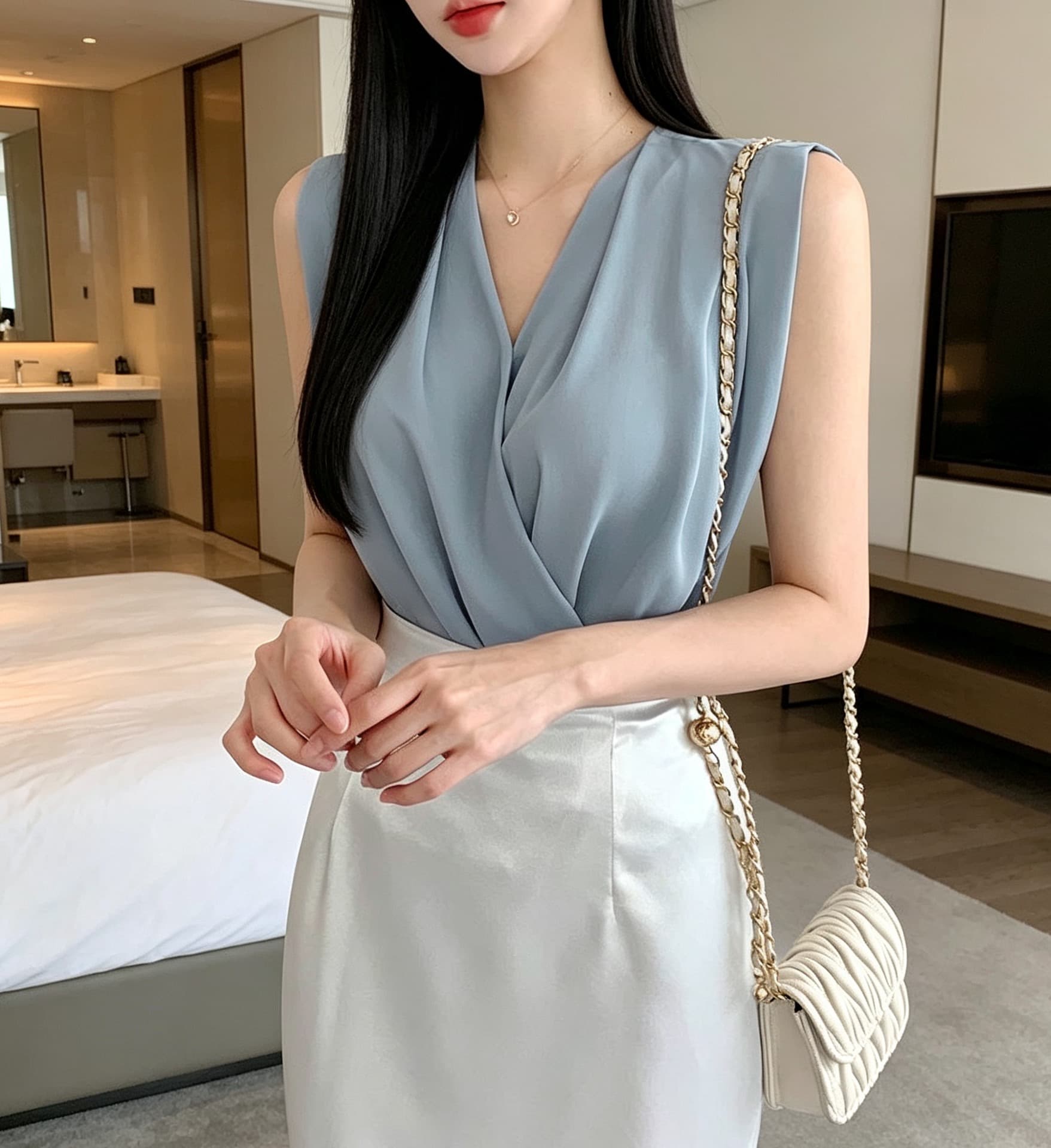있음 선적 사이즈 업데이트 chic 여름 새로운 프랑스식 V넥 민소매 여성 셔츠 슬림해 보이는 품격 다용도 맨위 상세 이미지 4