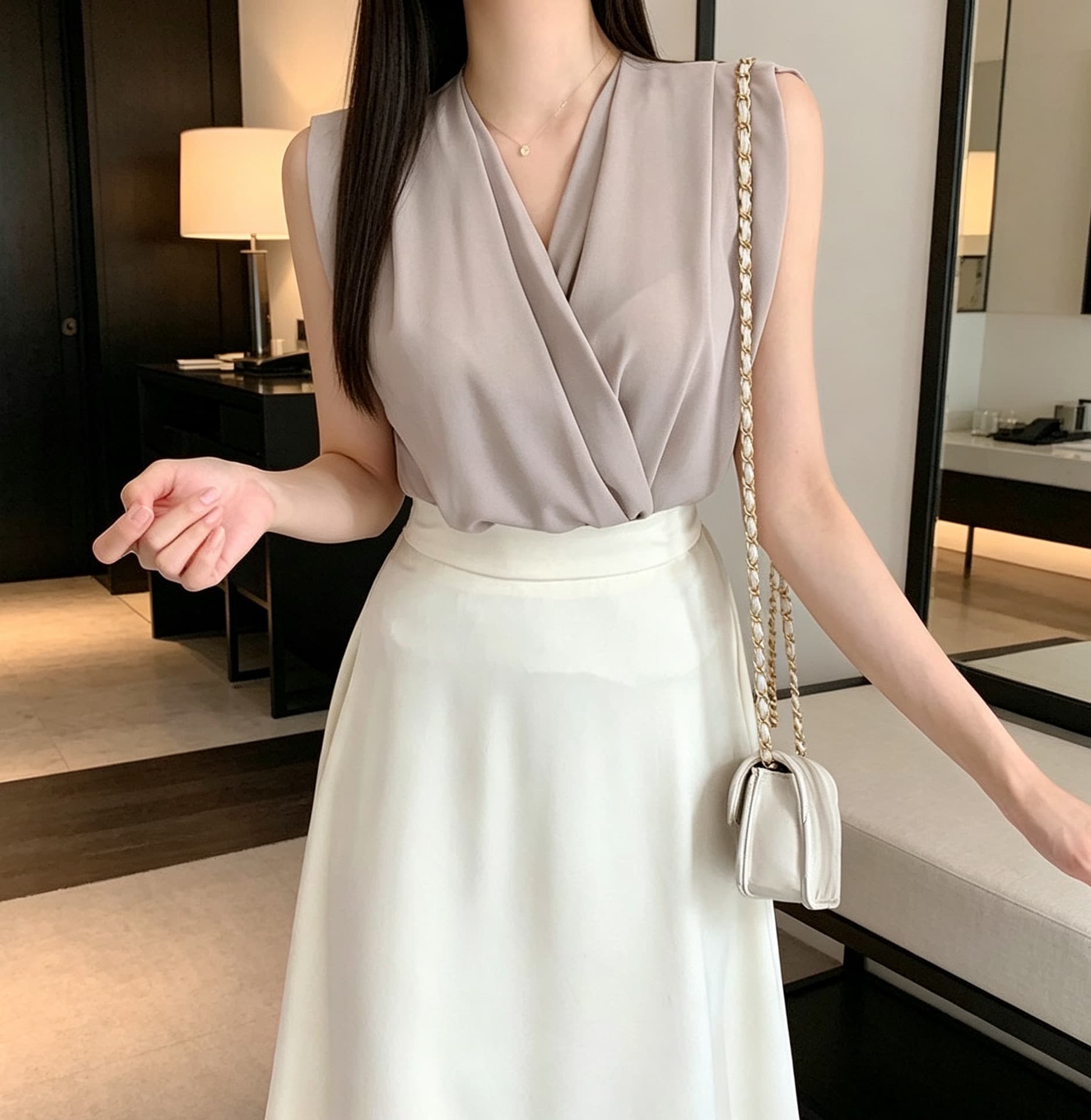 있음 선적 사이즈 업데이트 chic 여름 새로운 프랑스식 V넥 민소매 여성 셔츠 슬림해 보이는 품격 다용도 맨위 상세 이미지 8