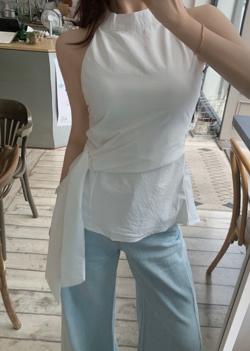 있음 선적 사이즈 업데이트 한국 chic 여름 새로운 ins 디자인 센스 행침 목 허리 수축 레이스업 민소매 셔츠 이미지 3
