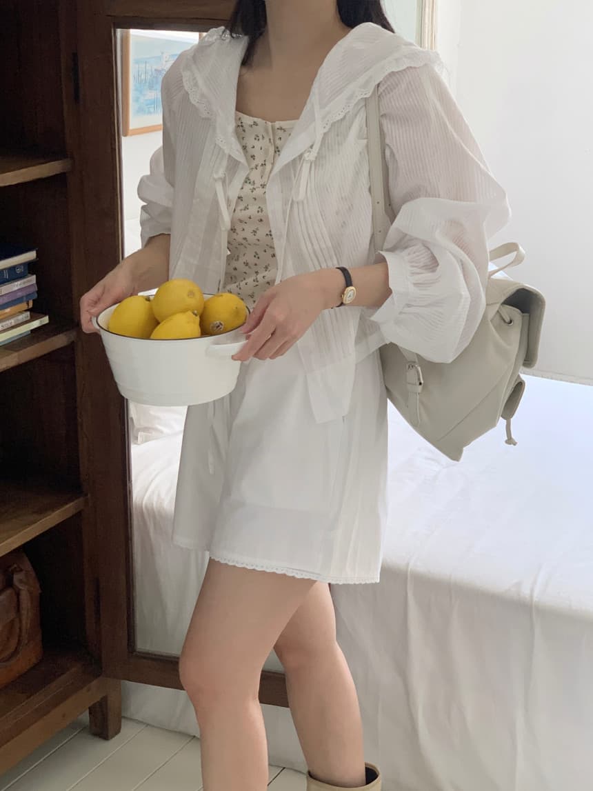 있음 선적 사이즈 업데이트 한국 chic 새로운 디자인 센스 밴딩 허리 수축 후드 레이스 레이스 긴 소매 셔츠 상세 이미지 13