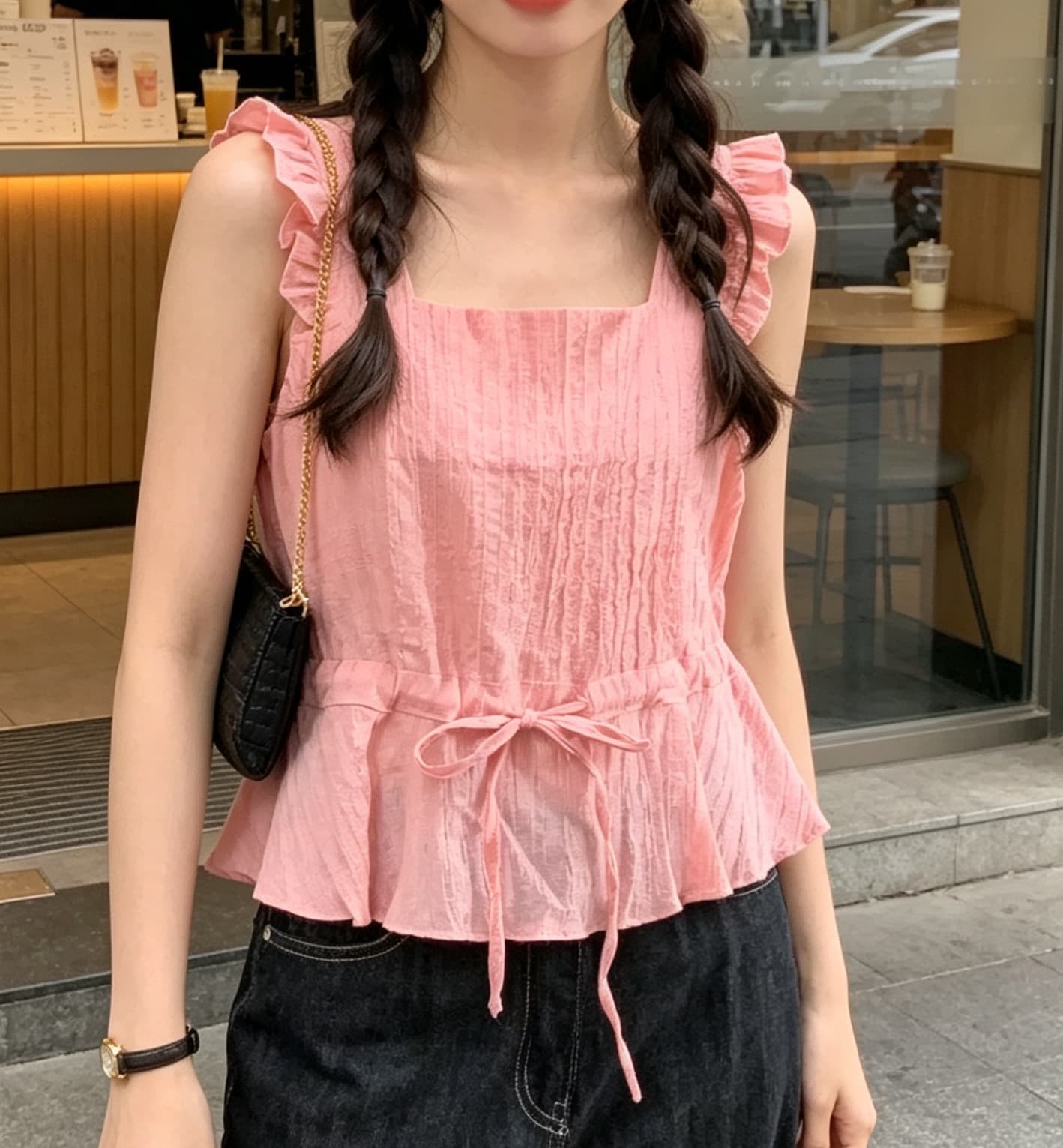 있음 선적 사이즈 업데이트 한국 chic 여름 새로운 디자인 섹션 몸매 가꾸기 레이스업 여성 짧은 맨위 상세 이미지 4