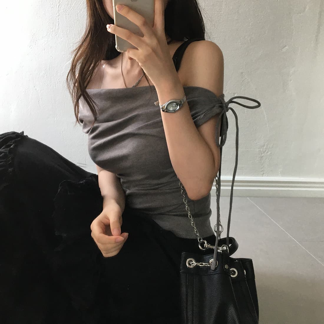 있음 선적 사이즈 업데이트 한국 chic 여름 새로운 순수한 욕망 바람 오프숄더 보트넥 허리 수축 슬림해 보이는 맨위 이미지 3