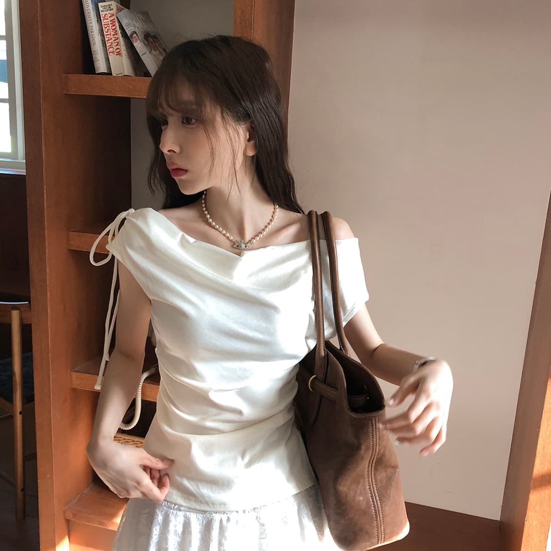 있음 선적 사이즈 업데이트 한국 chic 여름 새로운 순수한 욕망 바람 오프숄더 보트넥 허리 수축 슬림해 보이는 맨위 이미지 2