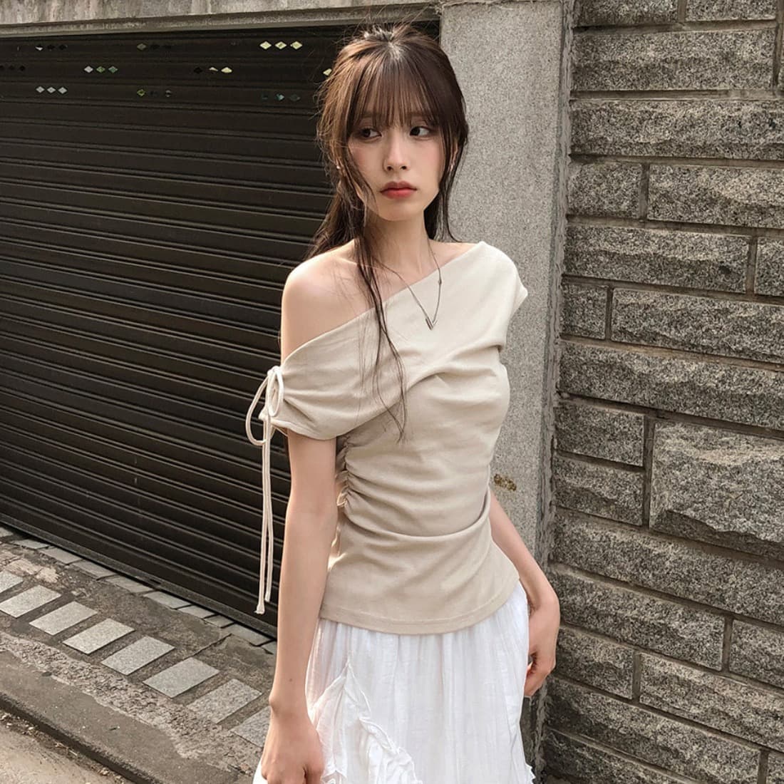 있음 선적 사이즈 업데이트 한국 chic 여름 새로운 순수한 욕망 바람 오프숄더 보트넥 허리 수축 슬림해 보이는 맨위