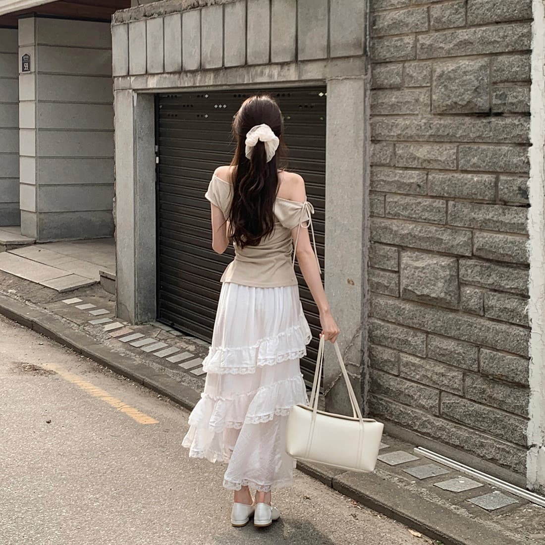 있음 선적 사이즈 업데이트 한국 chic 여름 새로운 순수한 욕망 바람 오프숄더 보트넥 허리 수축 슬림해 보이는 맨위 이미지 5