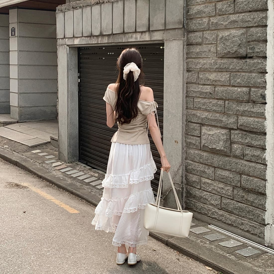 있음 선적 사이즈 업데이트 한국 chic 여름 새로운 순수한 욕망 바람 오프숄더 보트넥 허리 수축 슬림해 보이는 맨위 상세 이미지 1