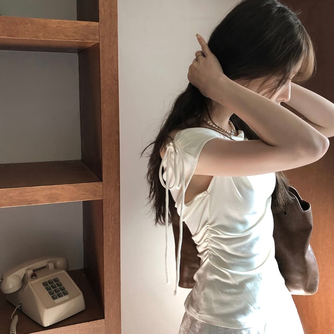 있음 선적 사이즈 업데이트 한국 chic 여름 새로운 순수한 욕망 바람 오프숄더 보트넥 허리 수축 슬림해 보이는 맨위 상세 이미지 2