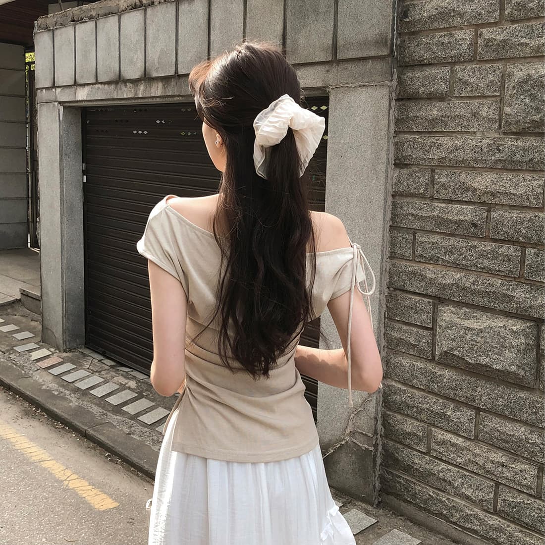 있음 선적 사이즈 업데이트 한국 chic 여름 새로운 순수한 욕망 바람 오프숄더 보트넥 허리 수축 슬림해 보이는 맨위 상세 이미지 6