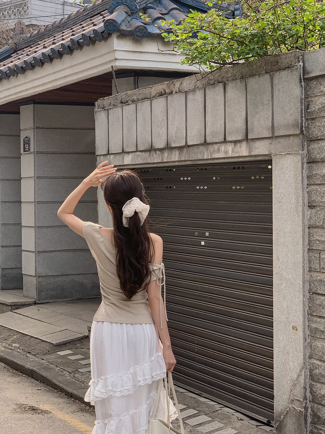 있음 선적 사이즈 업데이트 한국 chic 여름 새로운 순수한 욕망 바람 오프숄더 보트넥 허리 수축 슬림해 보이는 맨위 상세 이미지 8