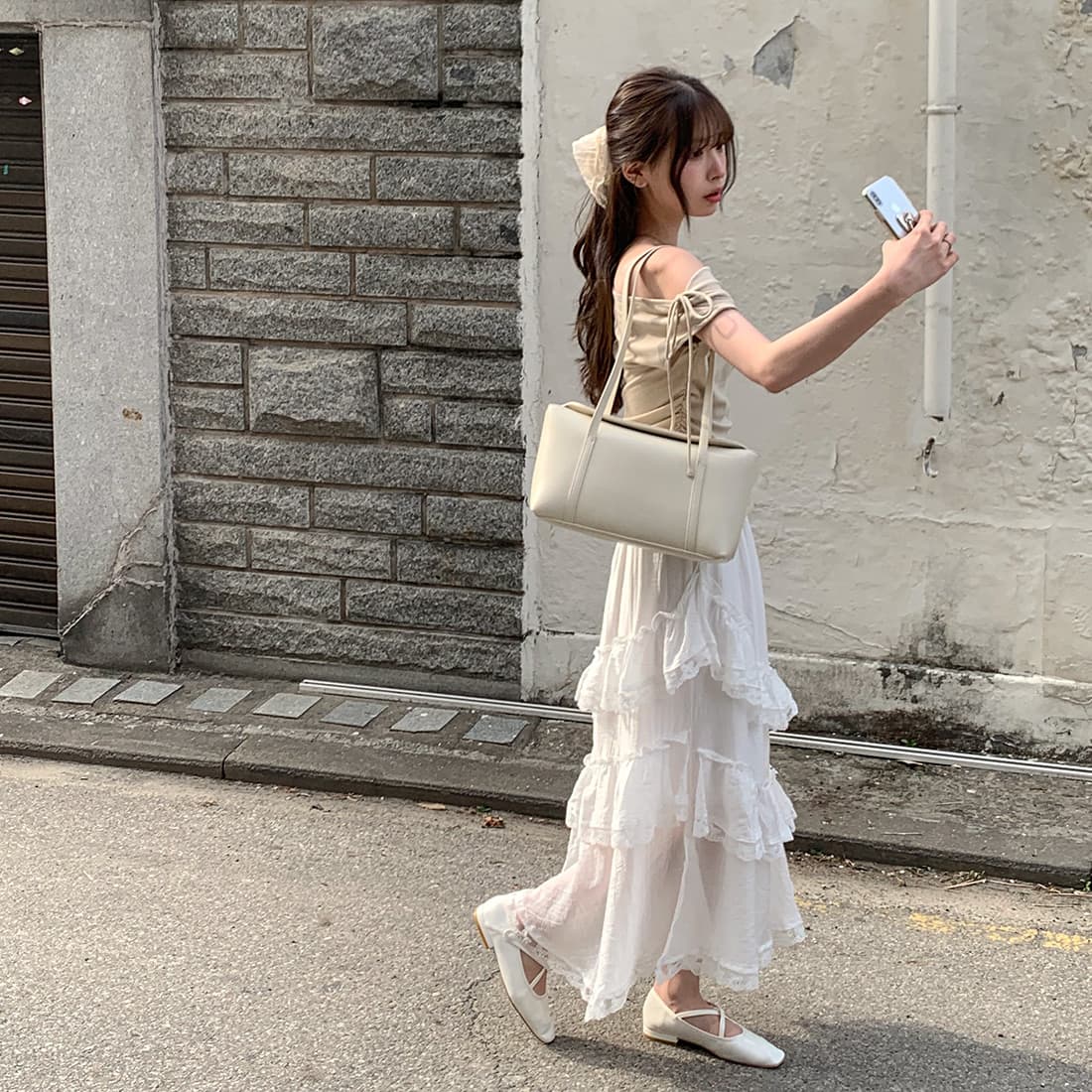 있음 선적 사이즈 업데이트 한국 chic 여름 새로운 순수한 욕망 바람 오프숄더 보트넥 허리 수축 슬림해 보이는 맨위 상세 이미지 11