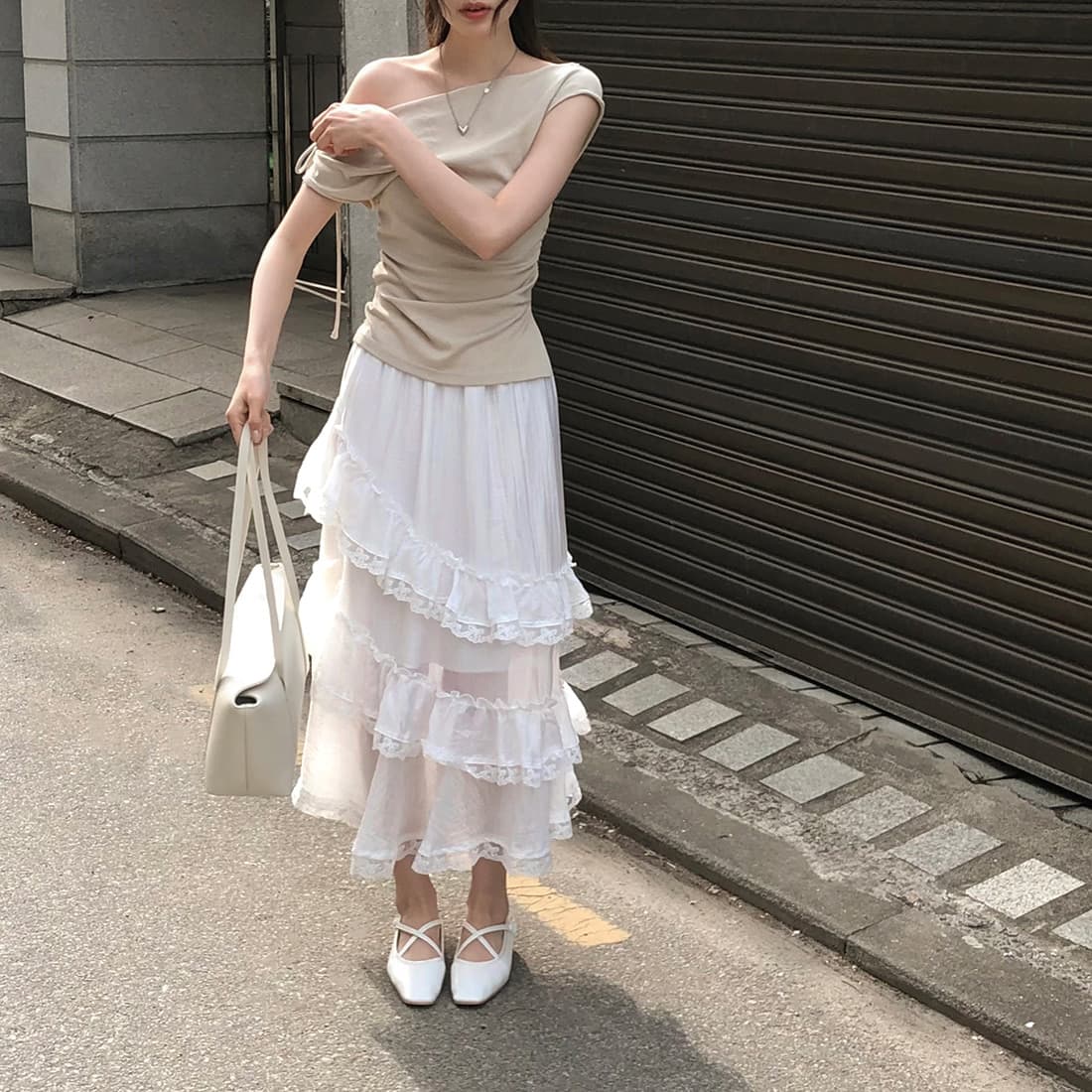 있음 선적 사이즈 업데이트 한국 chic 여름 새로운 순수한 욕망 바람 오프숄더 보트넥 허리 수축 슬림해 보이는 맨위 상세 이미지 12