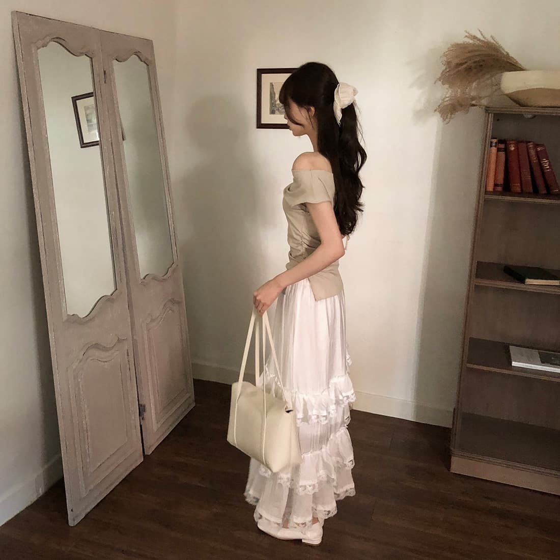 있음 선적 사이즈 업데이트 한국 chic 여름 새로운 순수한 욕망 바람 오프숄더 보트넥 허리 수축 슬림해 보이는 맨위 상세 이미지 15