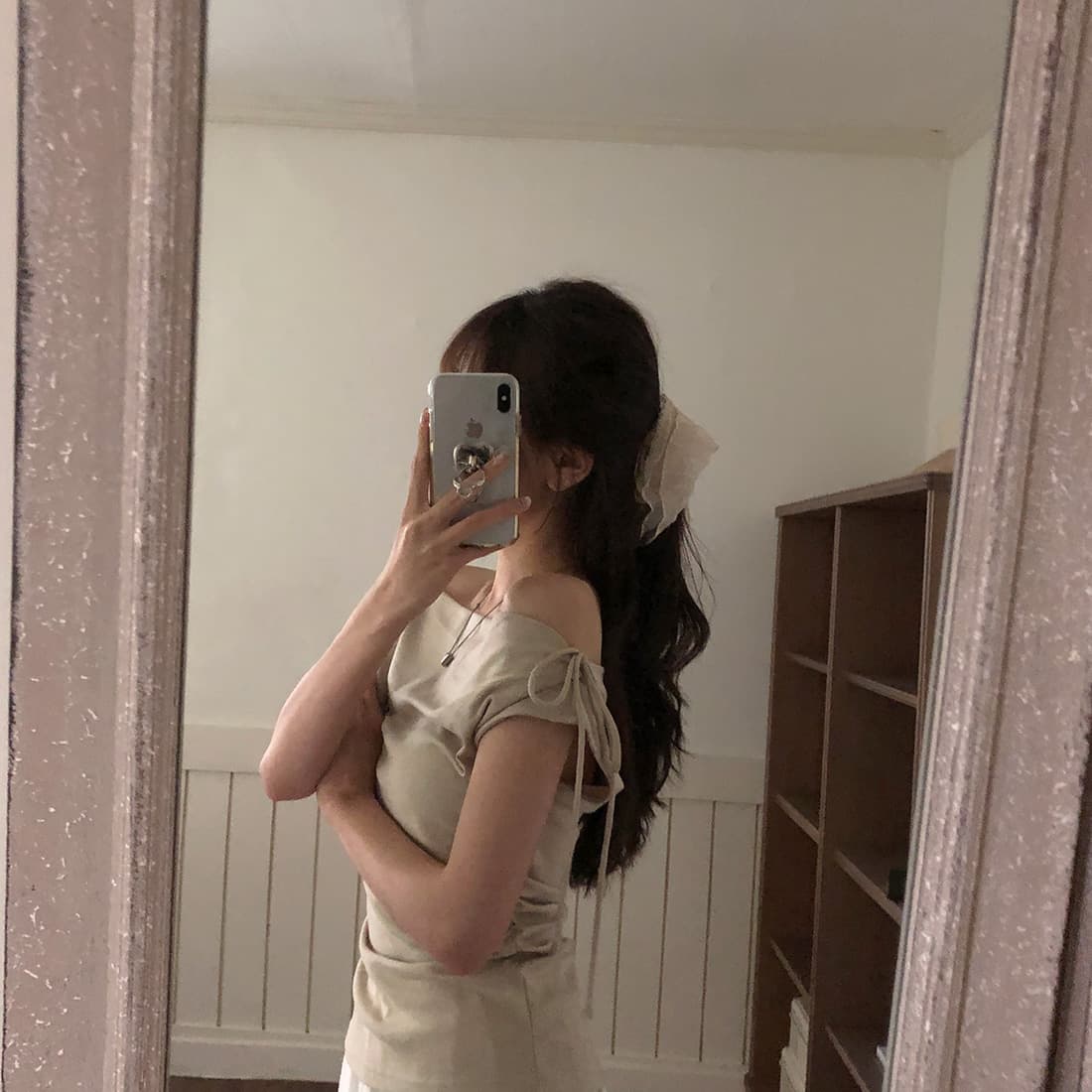 있음 선적 사이즈 업데이트 한국 chic 여름 새로운 순수한 욕망 바람 오프숄더 보트넥 허리 수축 슬림해 보이는 맨위 상세 이미지 17