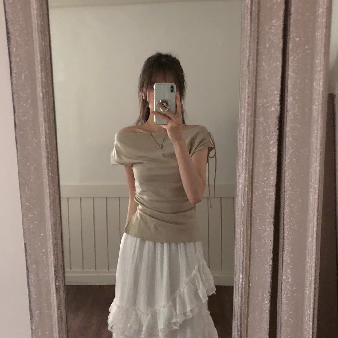 있음 선적 사이즈 업데이트 한국 chic 여름 새로운 순수한 욕망 바람 오프숄더 보트넥 허리 수축 슬림해 보이는 맨위 상세 이미지 18