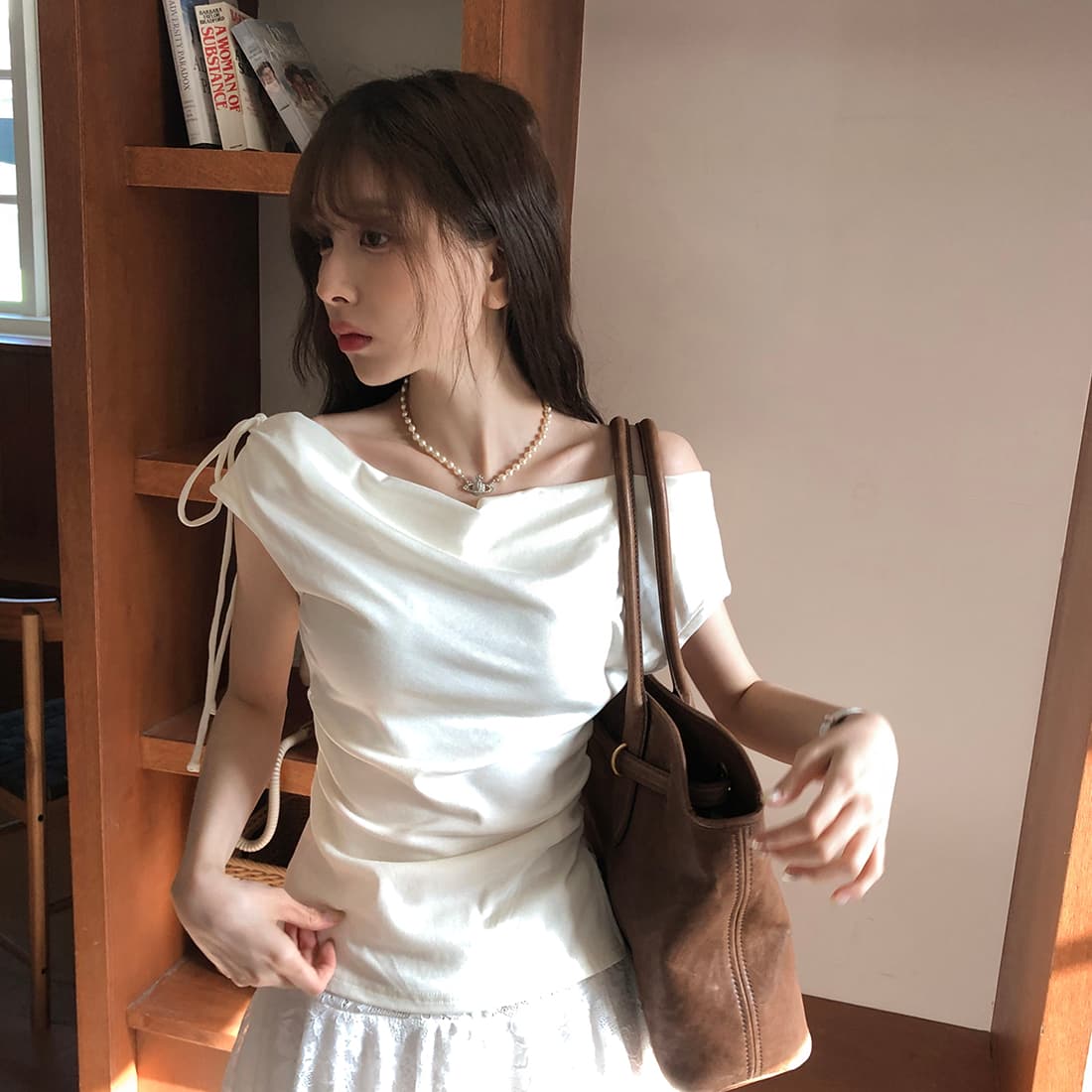 있음 선적 사이즈 업데이트 한국 chic 여름 새로운 순수한 욕망 바람 오프숄더 보트넥 허리 수축 슬림해 보이는 맨위 상세 이미지 21