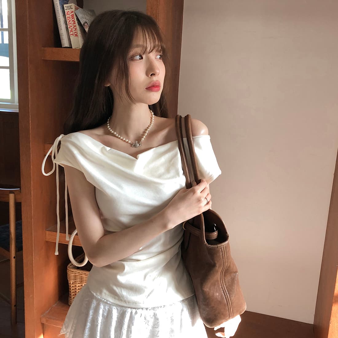 있음 선적 사이즈 업데이트 한국 chic 여름 새로운 순수한 욕망 바람 오프숄더 보트넥 허리 수축 슬림해 보이는 맨위 상세 이미지 23