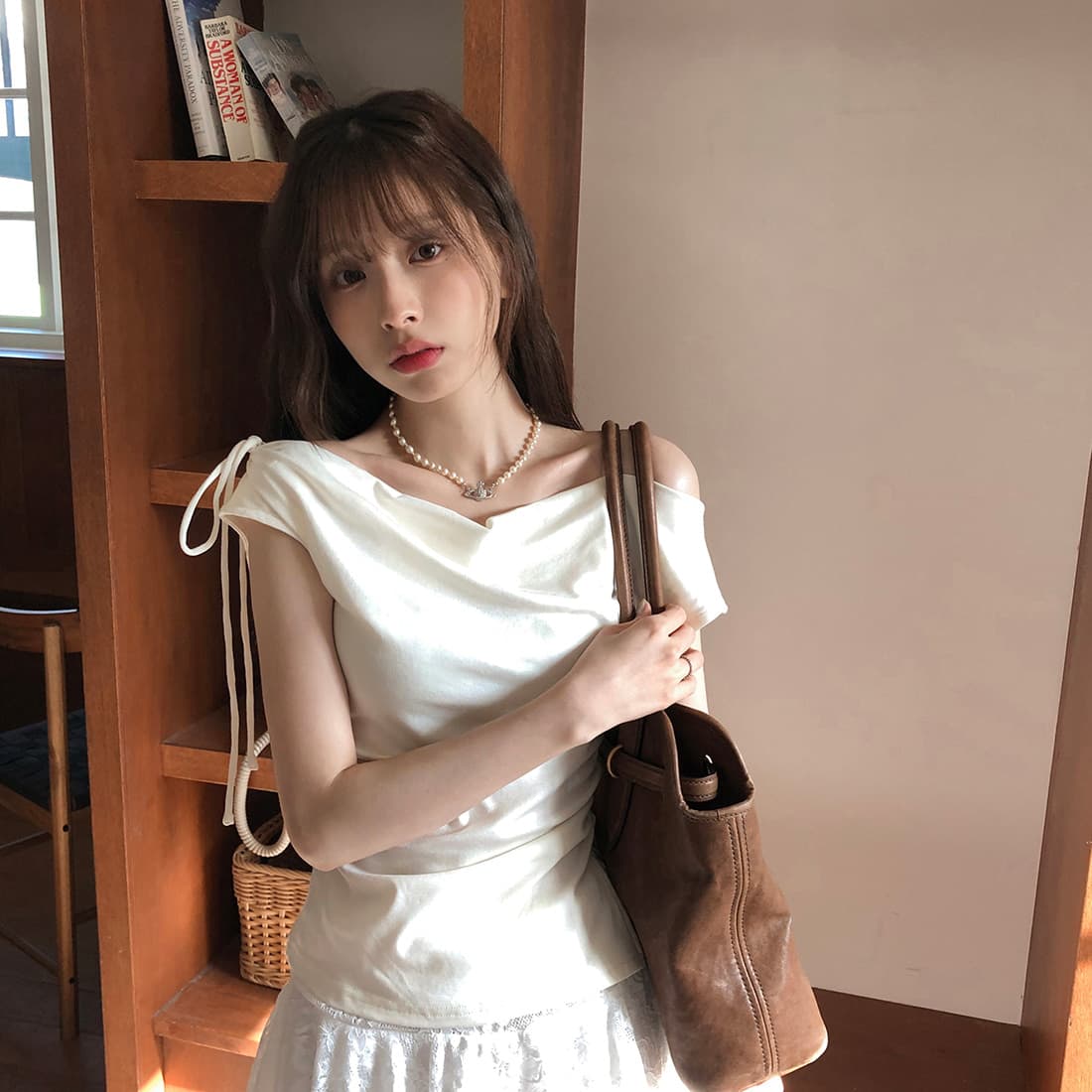 있음 선적 사이즈 업데이트 한국 chic 여름 새로운 순수한 욕망 바람 오프숄더 보트넥 허리 수축 슬림해 보이는 맨위 상세 이미지 24